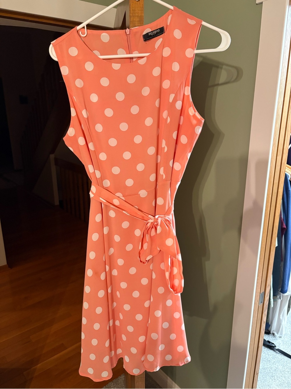 zeagoo Coral Polka Dot Sleeveless Midi Dress with Self Tie